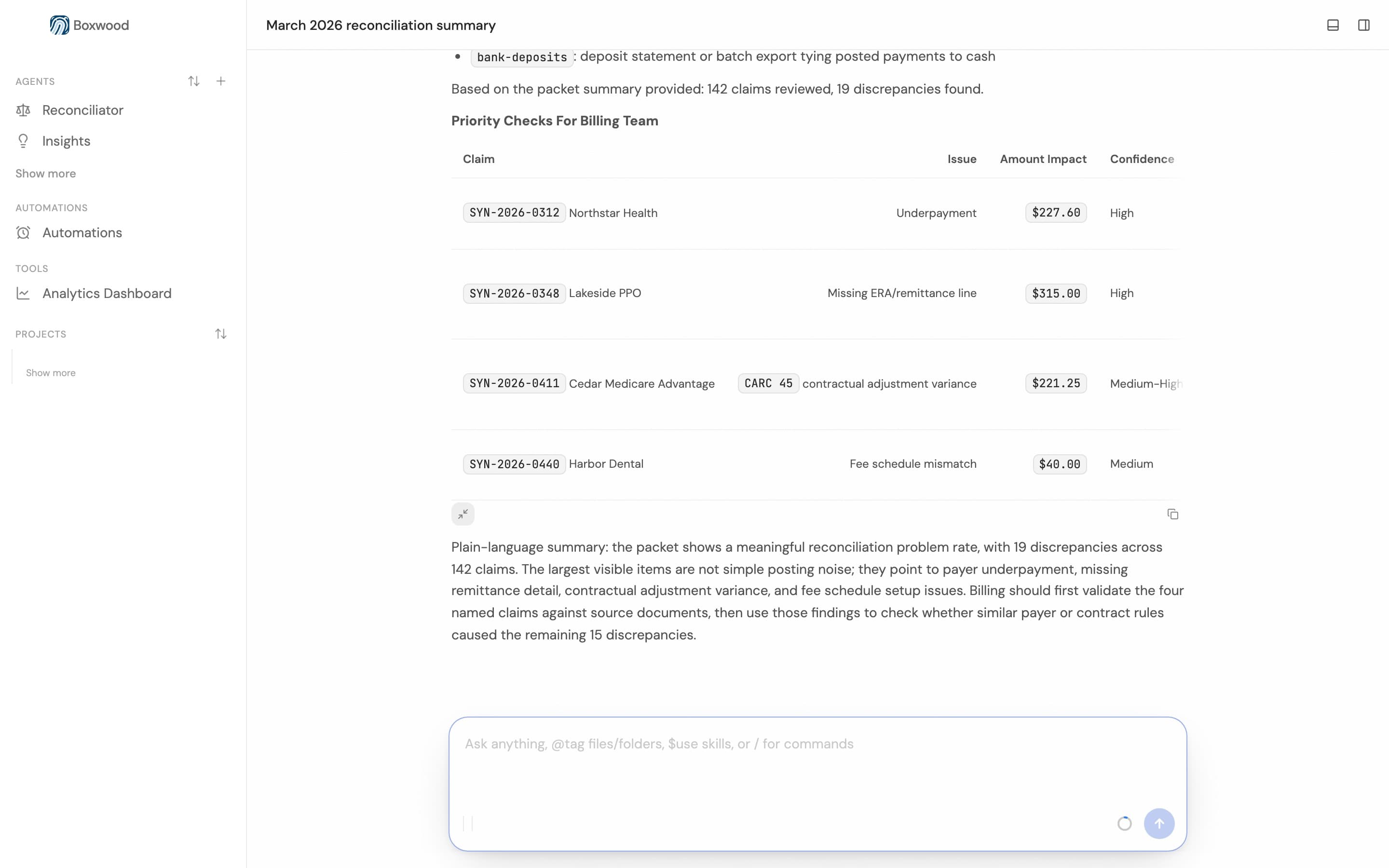 Boxwood workbench with the Reconciliator agent applied in an agent thread, answering a billing question in plain language.